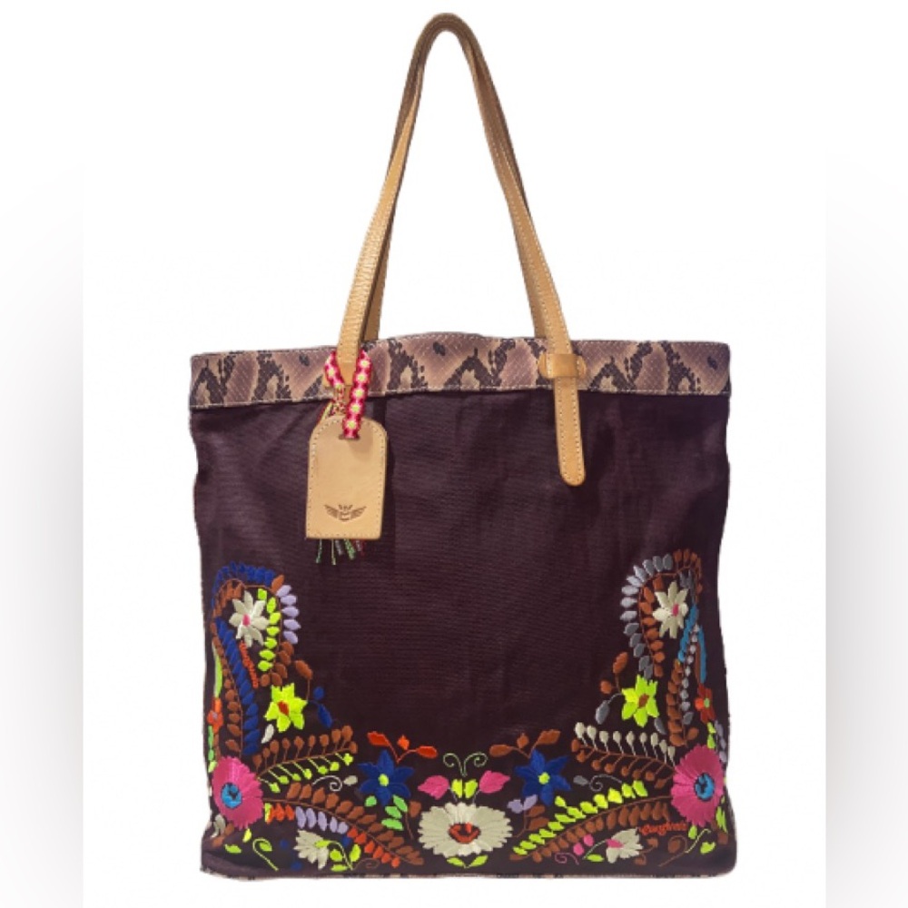 Consuela Multicolor Embroidered large Tote with Tan Handles EUC